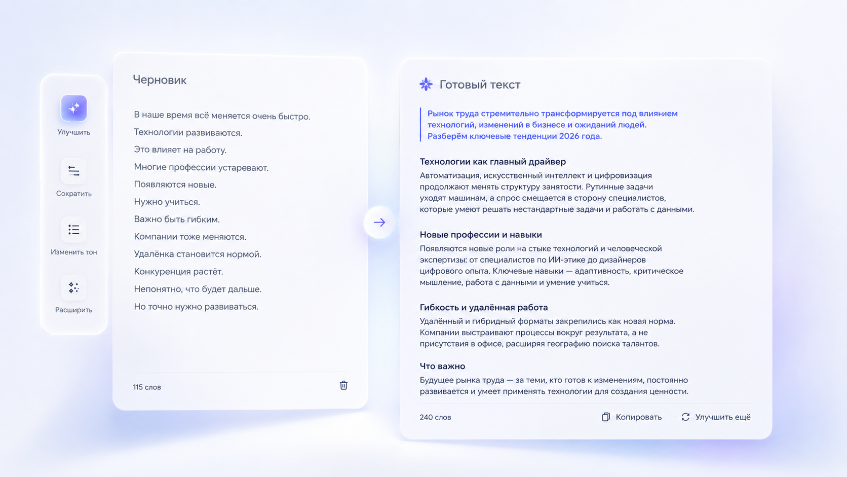 ИИСеть переписывает черновик: до и после — сухой текст превращается в готовое сильное сообщение